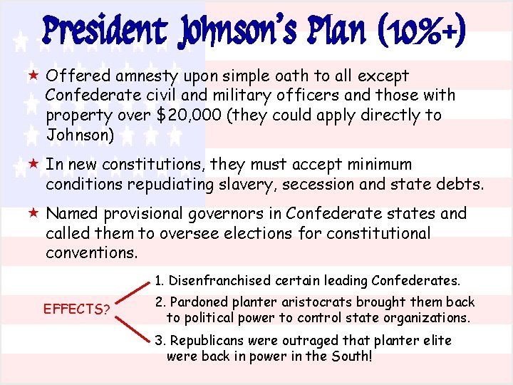 President Johnson’s Plan (10%+) « Offered amnesty upon simple oath to all except Confederate