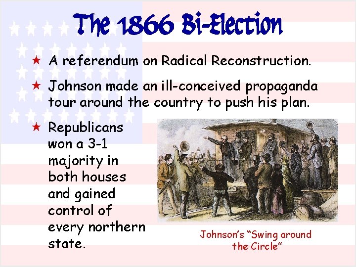 The 1866 Bi-Election « A referendum on Radical Reconstruction. « Johnson made an ill-conceived