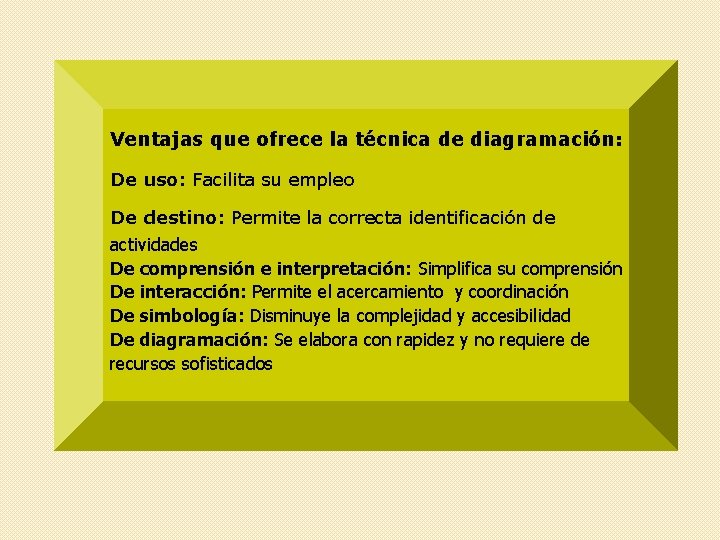 Ventajas que ofrece la técnica de diagramación: De uso: Facilita su empleo De destino: