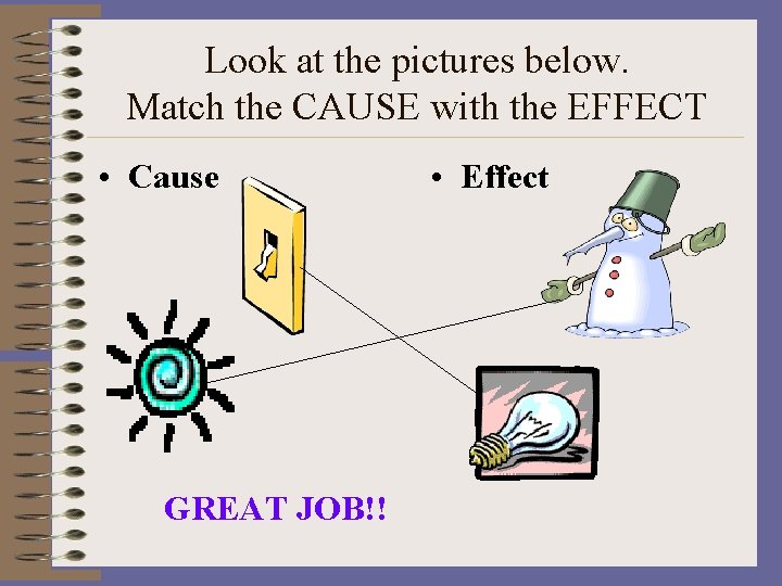 Look at the pictures below. Match the CAUSE with the EFFECT • Cause GREAT