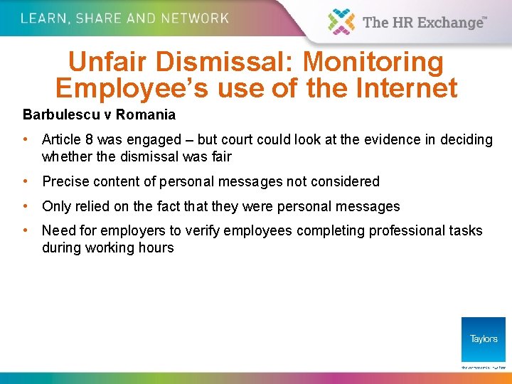 Unfair Dismissal: Monitoring Employee’s use of the Internet Barbulescu v Romania • Article 8