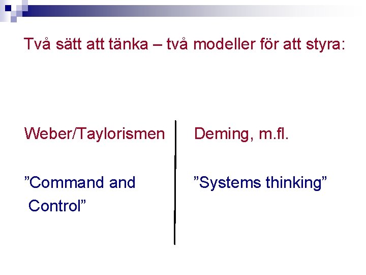 Två sätt att tänka – två modeller för att styra: Weber/Taylorismen ”Command Control” Deming,