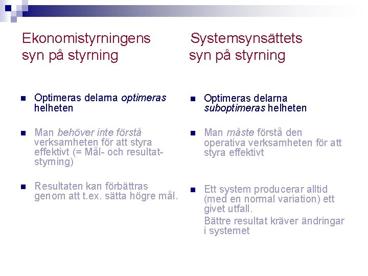 Ekonomistyrningens Systemsynsättets syn på styrning n Optimeras delarna optimeras helheten n Optimeras delarna suboptimeras