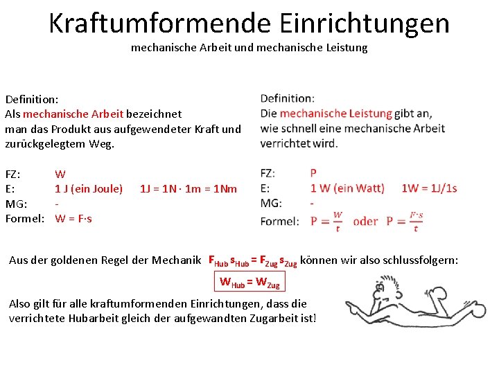 Kraftumformende Einrichtungen mechanische Arbeit und mechanische Leistung Definition: Als mechanische Arbeit bezeichnet man das
