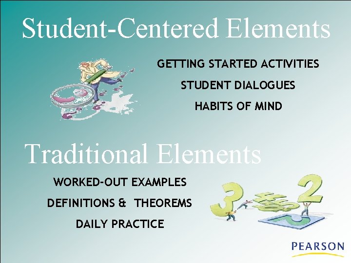 Student-Centered Elements GETTING STARTED ACTIVITIES STUDENT DIALOGUES HABITS OF MIND Traditional Elements WORKED-OUT EXAMPLES
