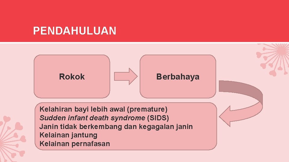 PENDAHULUAN Rokok Berbahaya Kelahiran bayi lebih awal (premature) Sudden infant death syndrome (SIDS) Janin