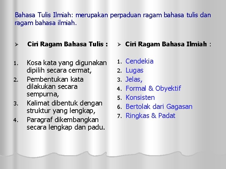 Bahasa Tulis Ilmiah: merupakan perpaduan ragam bahasa tulis dan ragam bahasa ilmiah. Ø Ciri