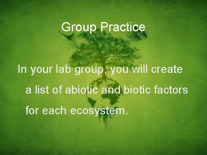 Group Practice In your lab group, you will create a list of abiotic and