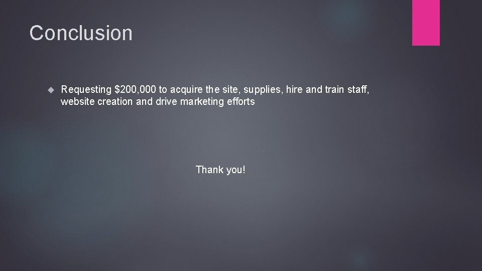 Conclusion Requesting $200, 000 to acquire the site, supplies, hire and train staff, website