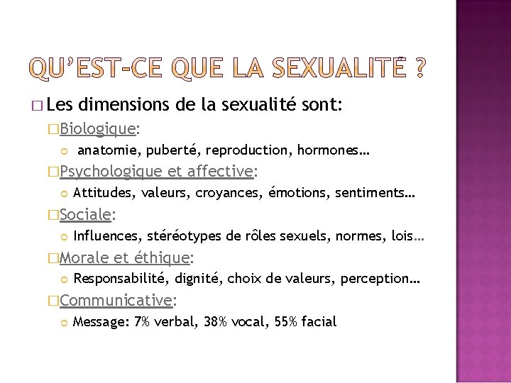 � Les dimensions de la sexualité sont: �Biologique: anatomie, puberté, reproduction, hormones… �Psychologique et