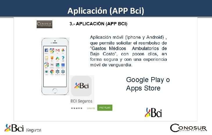 Aplicación (APP Bci) • Aplicación móvil (Iphone y Android), que permite solicitar el reembolso