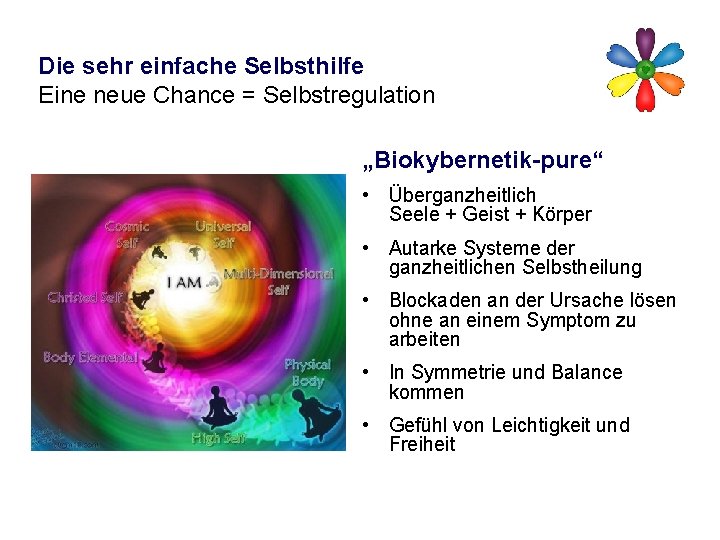 Die sehr einfache Selbsthilfe Eine neue Chance = Selbstregulation „Biokybernetik-pure“ • Überganzheitlich Seele +