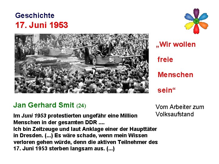Geschichte 17. Juni 1953 „Wir wollen freie Menschen sein“ Jan Gerhard Smit (24) Vom