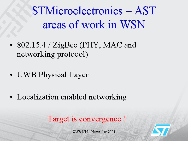 STMicroelectronics – AST areas of work in WSN • 802. 15. 4 / Zig.