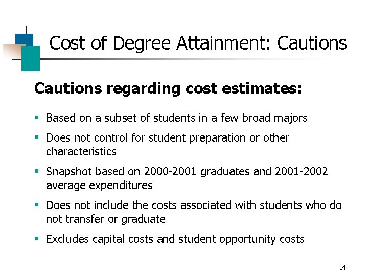 Cost of Degree Attainment: Cautions regarding cost estimates: § Based on a subset of