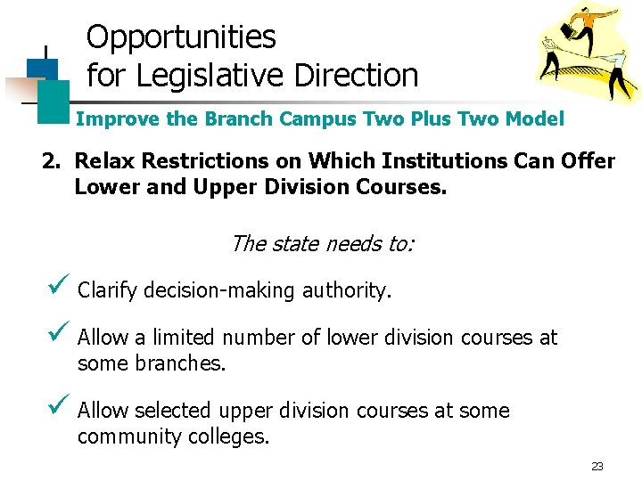 Opportunities for Legislative Direction Improve the Branch Campus Two Plus Two Model 2. Relax