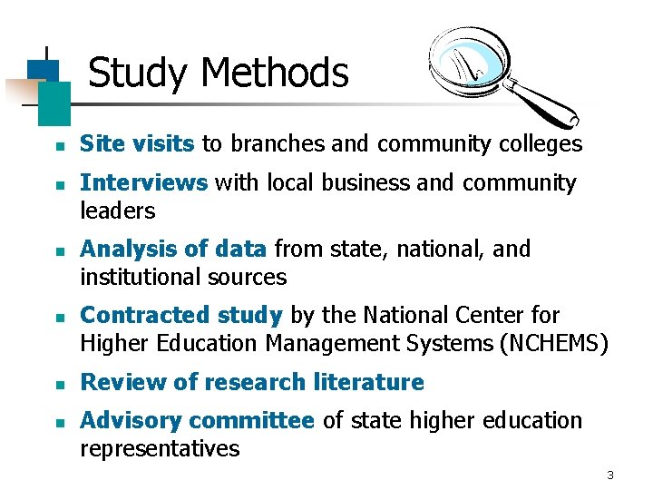 Study Methods n n n Site visits to branches and community colleges Interviews with