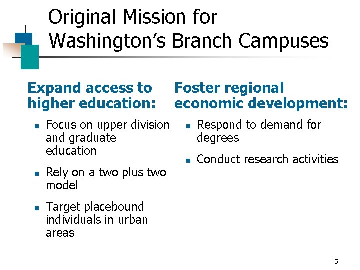 Original Mission for Washington’s Branch Campuses Expand access to higher education: n n n