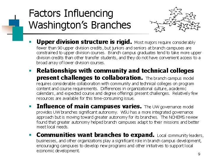 Factors Influencing Washington’s Branches § Upper division structure is rigid. Most majors require considerably