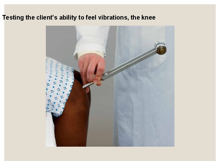 Testing the client’s ability to feel vibrations, the knee Testing the client’s ability to feel vibrations, the knee