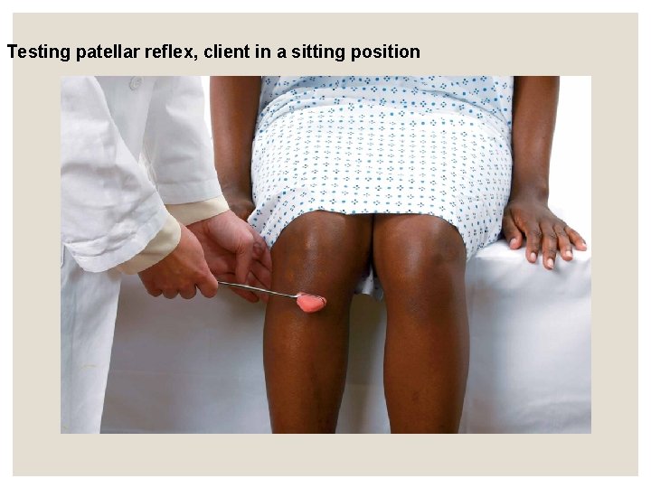 Testing patellar reflex, client in a sitting position Testing patellar reflex, client in a sitting position