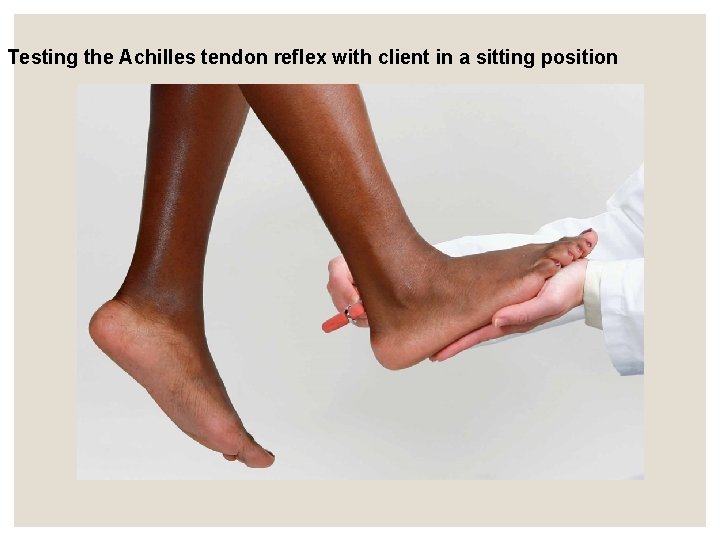 Testing the Achilles tendon reflex with client in a sitting position Testing the Achilles tendon reflex with client in a sitting position