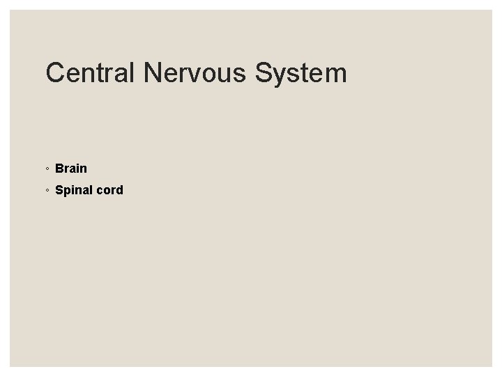 Central Nervous System ◦ Brain ◦ Spinal cord Central Nervous System ◦ Brain ◦ Spinal cord