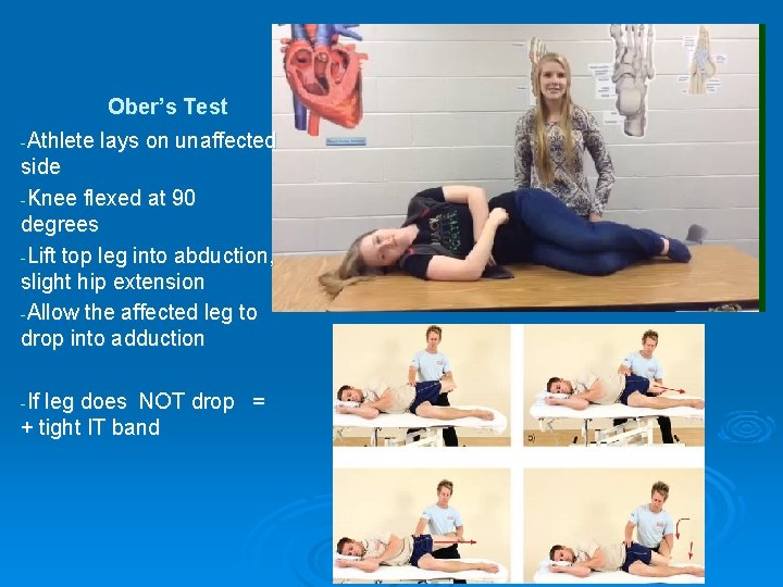 Ober’s Test -Athlete lays on unaffected side -Knee flexed at 90 degrees -Lift top