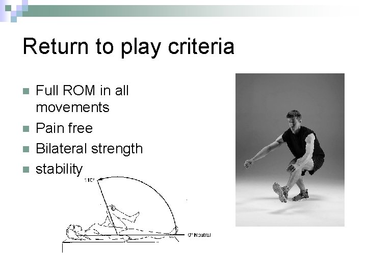 Return to play criteria n n Full ROM in all movements Pain free Bilateral