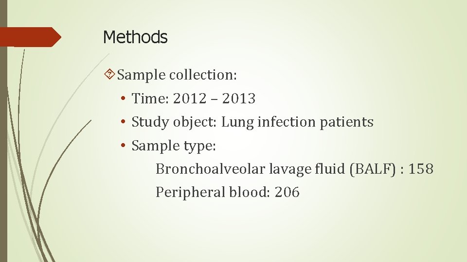 Methods Sample collection: • Time: 2012 – 2013 • Study object: Lung infection patients