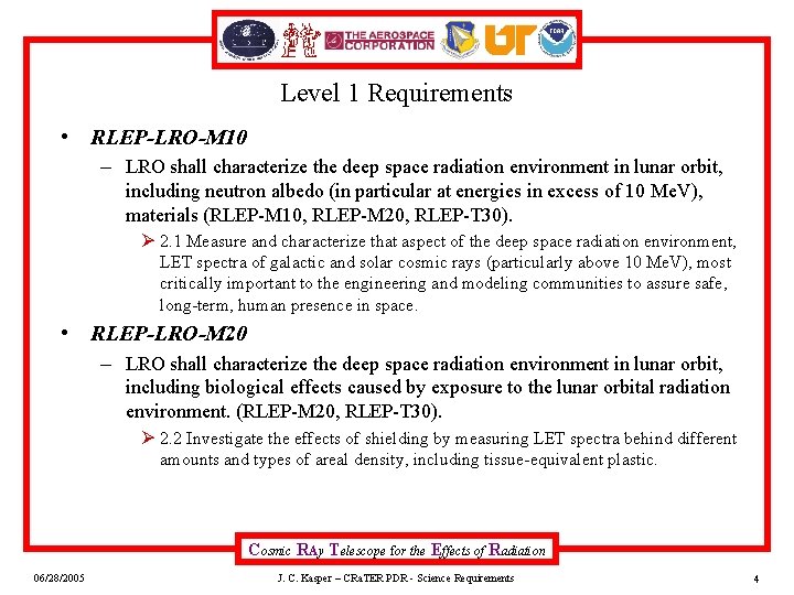Level 1 Requirements • RLEP-LRO-M 10 – LRO shall characterize the deep space radiation