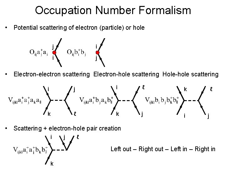 Occupation Number Formalism • Potential scattering of electron (particle) or hole j i i