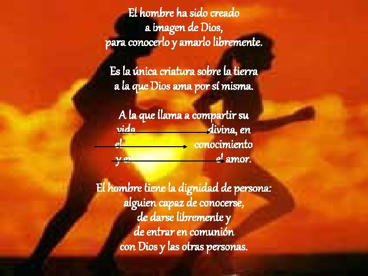 El hombre ha sido creado a imagen de Dios, para conocerlo y amarlo libremente.
