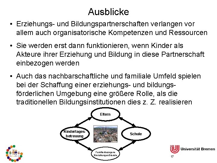 Ausblicke • Erziehungs- und Bildungspartnerschaften verlangen vor allem auch organisatorische Kompetenzen und Ressourcen •