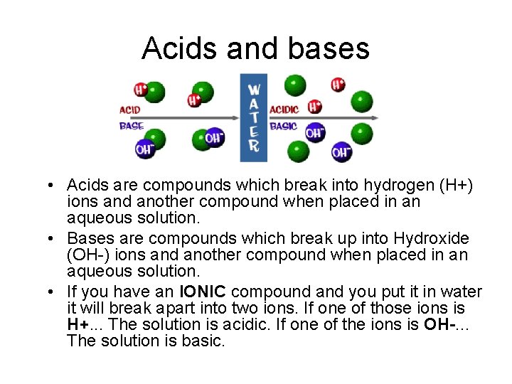 Acids and bases • Acids are compounds which break into hydrogen (H+) ions and