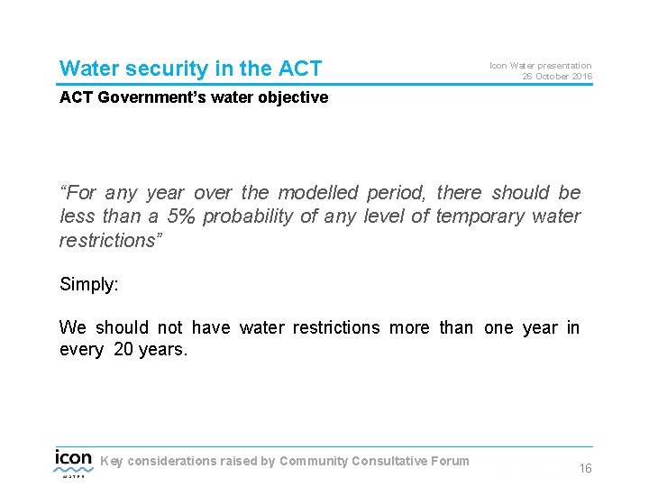 Water security in the ACT Icon Water presentation 26 October 2016 ACT Government’s water