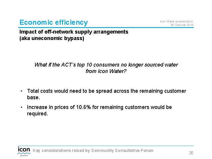 Economic efficiency Icon Water presentation 26 October 2016 Impact of off-network supply arrangements (aka