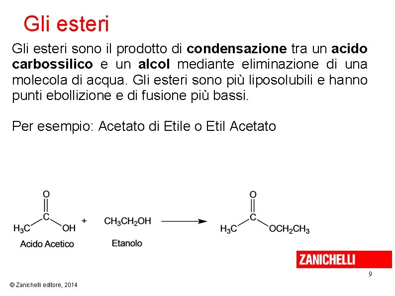 Gli esteri sono il prodotto di condensazione tra un acido carbossilico e un alcol