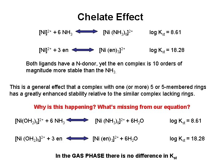 Chelate Effect [Ni]2+ + 6 NH 3 [Ni]2+ + 3 en [Ni (NH 3)6]2+