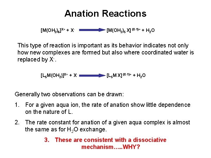 Anation Reactions [M(OH 2)6]X+ + X- [M(OH 2)5 X] (X-1)+ + H 2 O