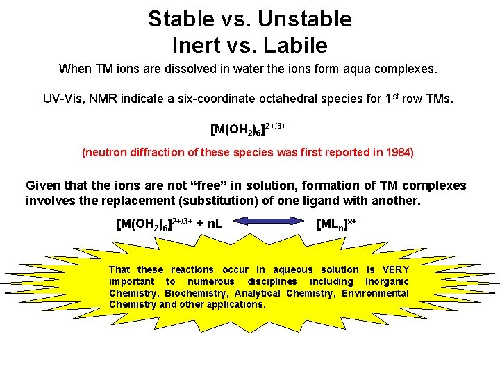 Stable vs. Unstable Inert vs. Labile When TM ions are dissolved in water the