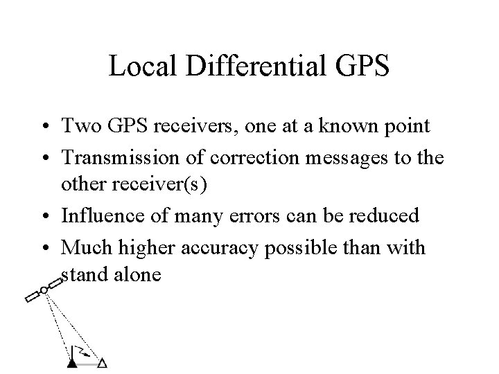 Local Differential GPS • Two GPS receivers, one at a known point • Transmission