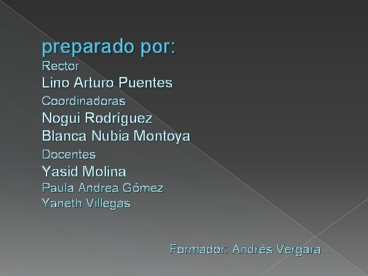 preparado por: Rector Lino Arturo Puentes Coordinadoras Nogui Rodríguez Blanca Nubia Montoya Docentes Yasid