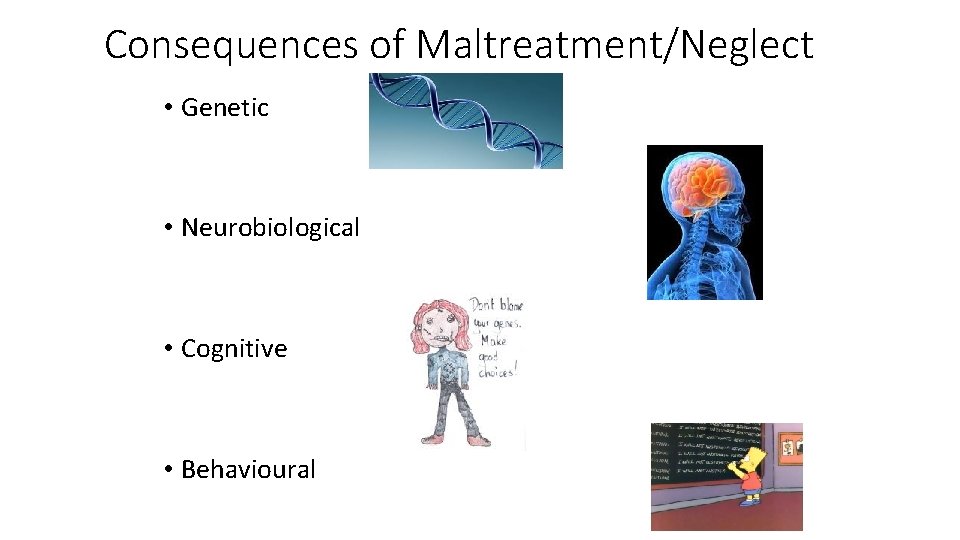 Consequences of Maltreatment/Neglect • Genetic • Neurobiological • Cognitive • Behavioural 