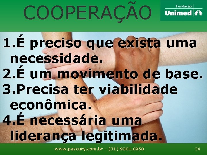 COOPERAÇÃO 1. É preciso que exista uma necessidade. 2. É um movimento de base.