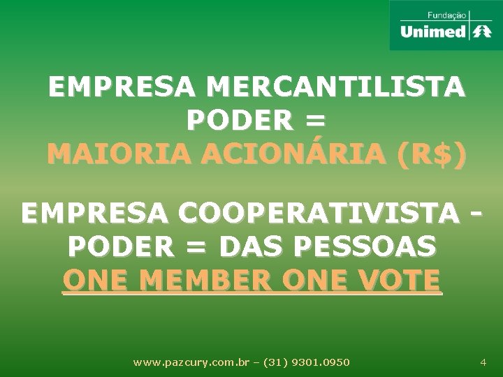 EMPRESA MERCANTILISTA PODER = MAIORIA ACIONÁRIA (R$) EMPRESA COOPERATIVISTA PODER = DAS PESSOAS ONE