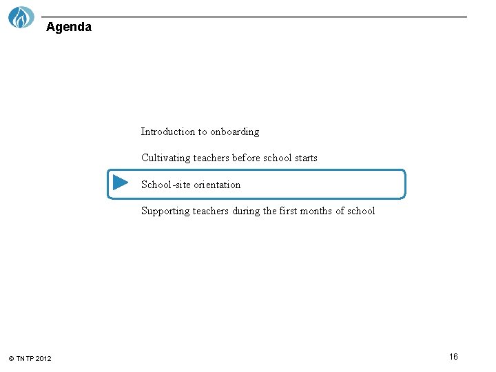Agenda Introduction to onboarding Cultivating teachers before school starts School-site orientation Supporting teachers during