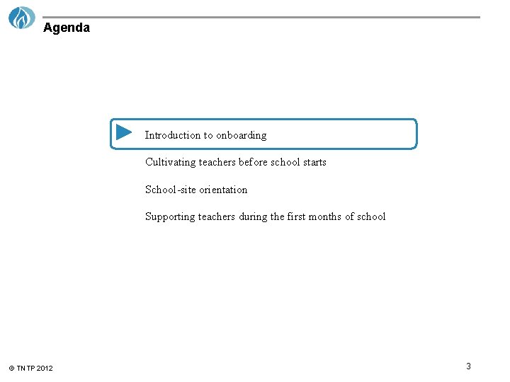 Agenda Introduction to onboarding Cultivating teachers before school starts School-site orientation Supporting teachers during