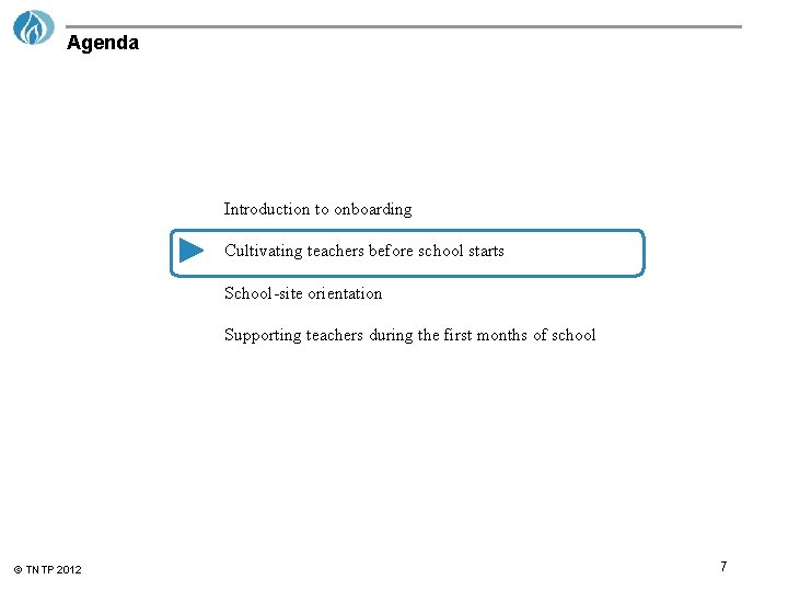 Agenda Introduction to onboarding Cultivating teachers before school starts School-site orientation Supporting teachers during