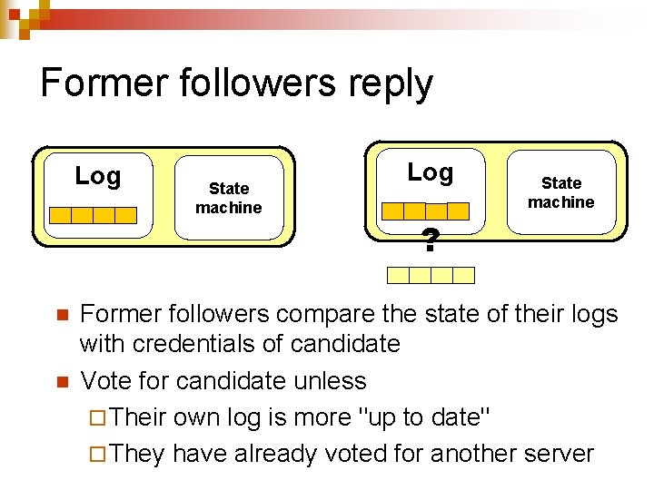 Former followers reply Log n n State machine Log State machine ? Former followers